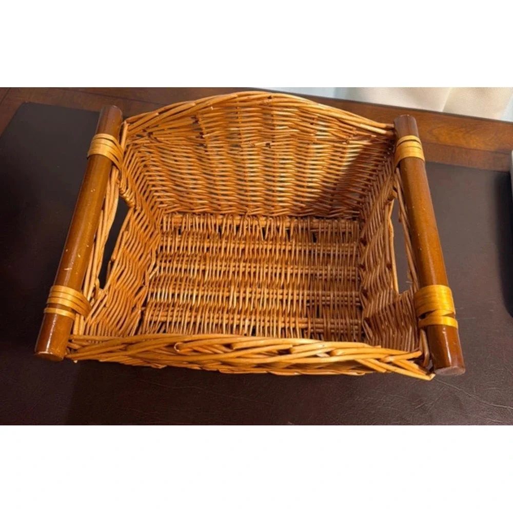 Vintage Willow Wicker Storage Basket Pole Handle Wood Dowel Rustic 11.5